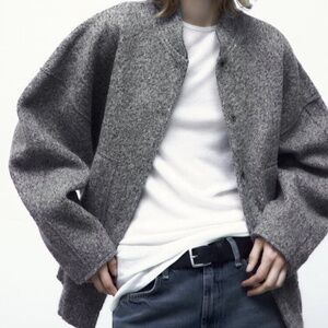 Zara Grey Oversized Bomber Jacket Minimalist Coat M-L